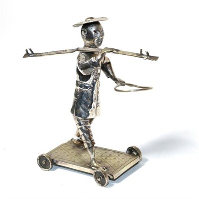 Lot 227 - A Chinese Export silver novelty figural condiment stand, on rectangular base with four wheels,...