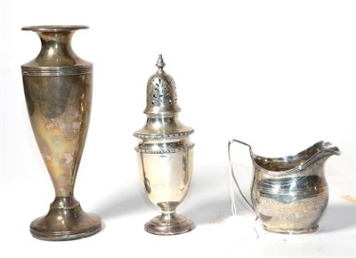 Lot 230 - A silver vase, S Blanckensee & Sons; a silver caster, Birmingham 1926; and a George III silver...