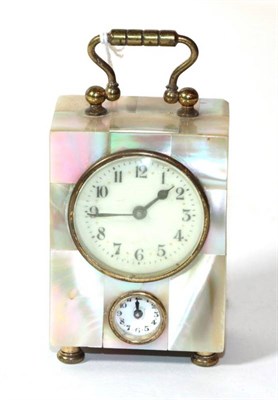 Lot 231 - A miniature mother-of-pearl boudoir timepiece with alarm, stamped DRP & GM to reverse