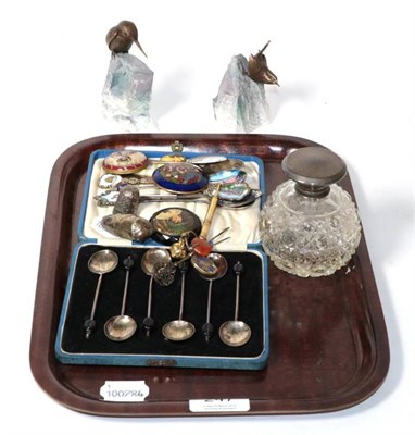 Lot 247 - A cased set of six silver coffee bean spoons; a silver topped glass jar; two Albany Worcester birds