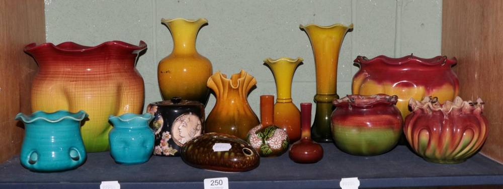 Lot 250 - A shelf of Bretby pottery including jardinieres, vases etc