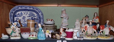 Lot 259 - Quantity of assorted ceramics including Staffordshire figures, pair of Willow pattern meat...