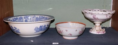 Lot 279 - A 19th century pedestal dish, probably Rockingham; a Chinese famille rose bowl (a.f.); and a...