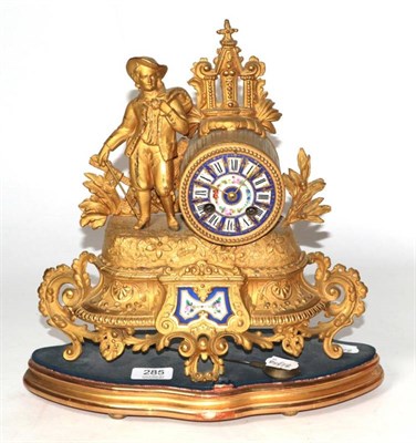 Lot 285 - A Continental gilt metal and porcelain figural mantel clock, on gilt plinth base, circa 1890