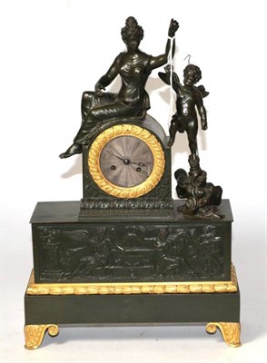 Lot 298 - A French gilt metal striking mantel clock, case mounted by a lady in robes with a winged cherub