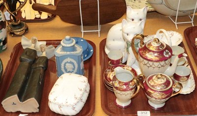 Lot 312 - Assorted ceramics including Lladro pottery group; Wedgwood Jasperware; Rye pottery cats;...