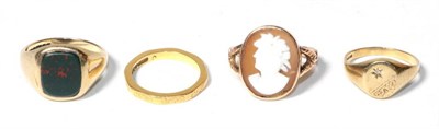 Lot 349 - A signet ring, stamped '375', finger size M1/2; a 22 carat gold band ring, finger size M, a...