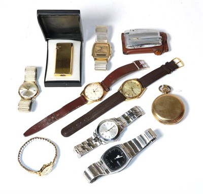 Lot 362 - A gents 9 carat gold Majex wristwatch; a gents stainless steel Tissot wristwatch; a Thos...