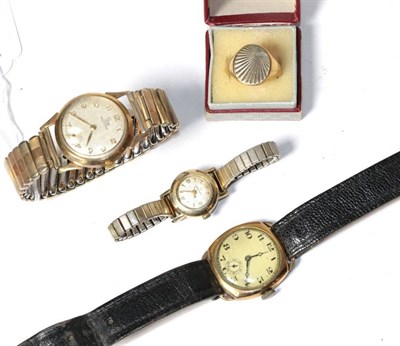 Lot 365 - A 9 carat gold Record wristwatch, with Record box; another gents plated wristwatch; a lady's plated