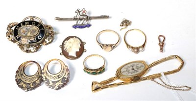 Lot 366 - A group of jewellery to include to include tortoiseshell pique work brooch; pearl ring stamped...