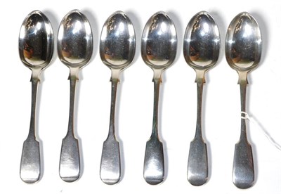 Lot 370 - A set of six Victorian silver fiddle pattern dessert spoons, Chawner & Co, London 1876, 9.9ozt