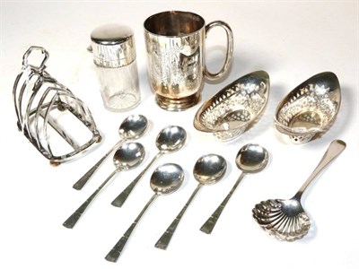 Lot 388 - An Edwardian silver Christening mug Walker & Hall, Sheffield 1903; a heavy gauge toast tack, Lowe &