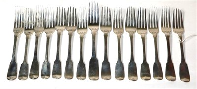 Lot 392 - A group of fifteen George III-Victorian fiddle pattern silver table forks, various dates and...