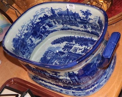 Lot 400 - A reproduction twin handled blue and white transfer printed foot bath, 48cm wide over handles