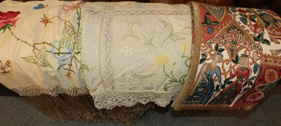 Lot 409 - A modern Medieval style wall hanging, linen cloth with floral embroidery and crochet inserts...