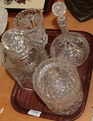 Lot 410 - An Edinburgh Crystal square cut glass decanter; a biscuit barrel; decanter and jug