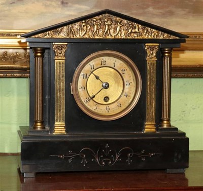 Lot 420 - A Victorian black slate mantel clock of Neo-Classical architectural form, gilt mounts, Arabic dial