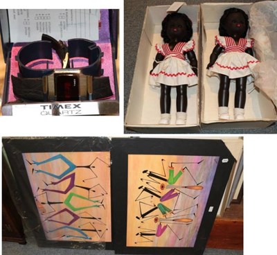 Lot 425 - Two boxed Roddy dolls; a cased Timex LED wristwatch; two paintings by James Gakonga