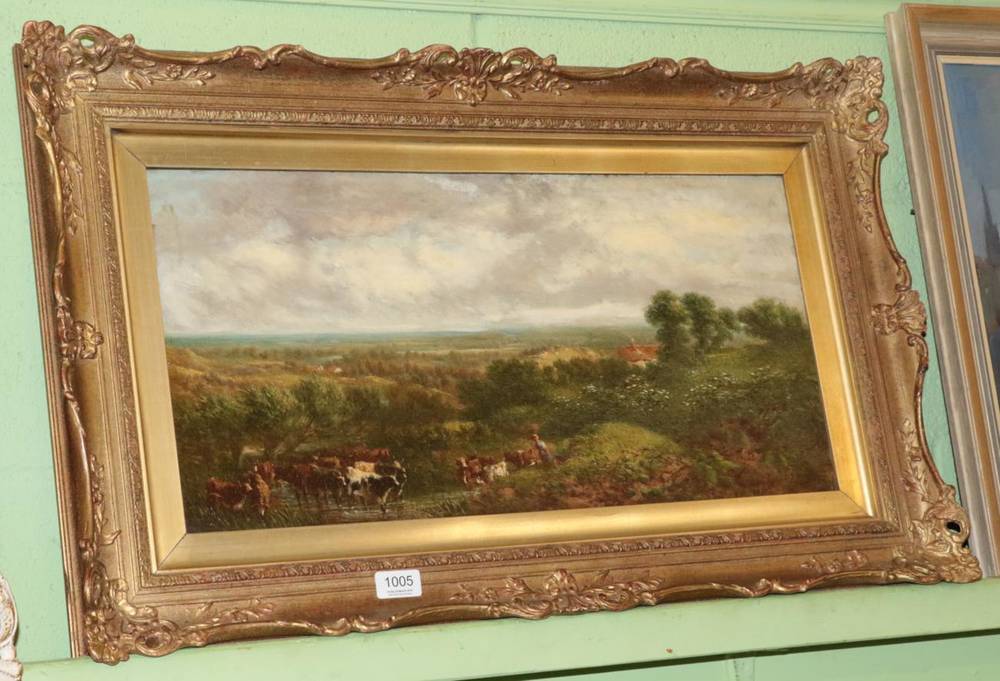 Lot 1005 - British School (19th century) Pastoral landscape, indistinctly signed, oil on canvas, 31cm by 61cm