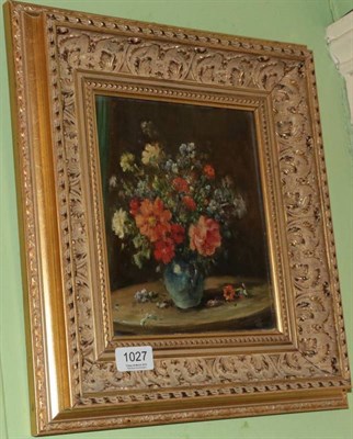 Lot 1027 - Owen Bowen (1873-1967) Still life of flowers, signed, oil on board, 22cm by 18cm
