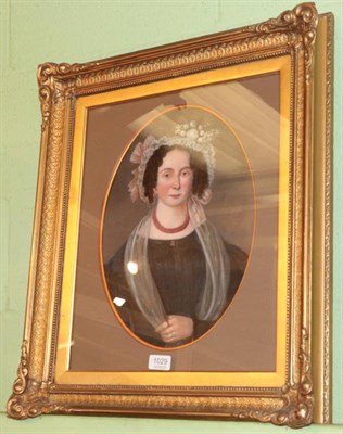 Lot 1029 - English School (19th Century), half length portrait of a lady in a black dress, oil on canvas,...