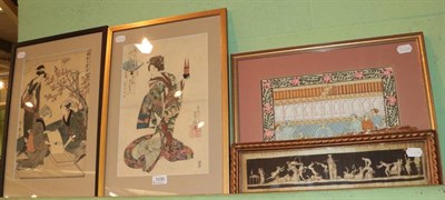 Lot 1030 - Two Japanese woodblock prints; a Greek silk picture and an Asian picture (4)