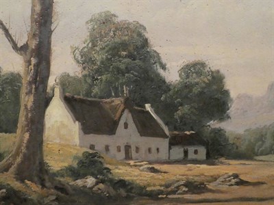 Lot 1035 - South African School (20th Century) Cape Dutch house in a mountainous landscape, oil on board,...