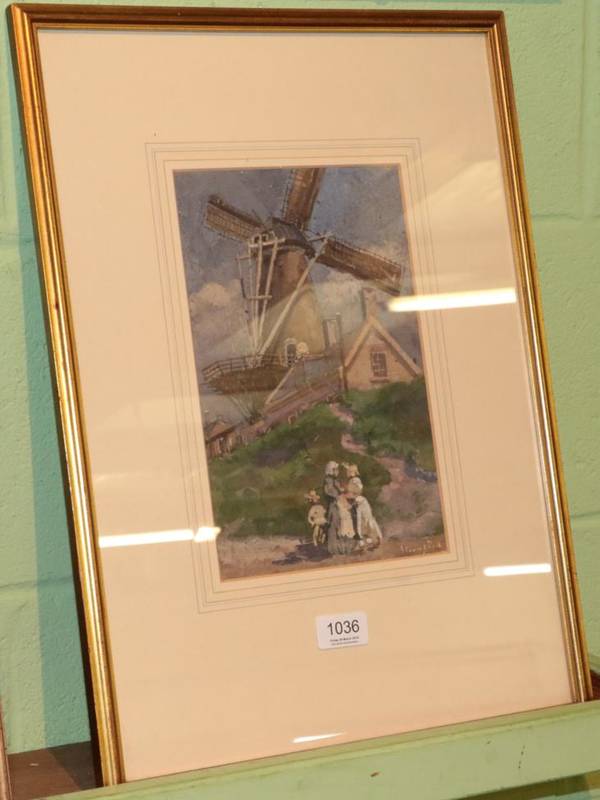 Lot 1036 - Early 20th century watercolour, Figures before a windmill, indistinctly signed lower right, 26cm by