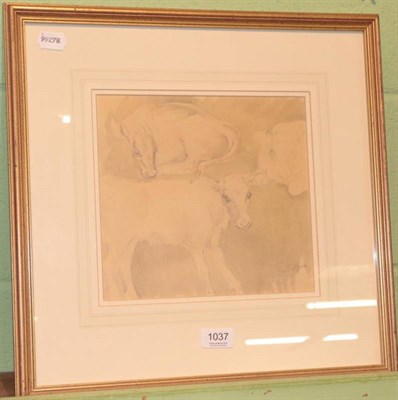 Lot 1037 - Gilbert Spencer (1892-1979) Sketch of calves, signed, pencil and watercolour, 23cm by 25cm