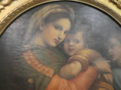 Lot 1045 - After Raphael, Madonna della Seggiola, oil on canvas, 36cm tondo, within a gilt Florentine frame
