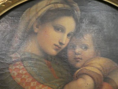 Lot 1045 - After Raphael, Madonna della Seggiola, oil on canvas, 36cm tondo, within a gilt Florentine frame