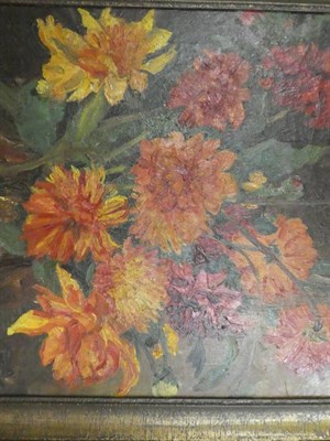 Lot 1048 - Manner of Paul Nietsche (Irish 1855-1950) Still life study of orange and red chrysanthemums, oil on
