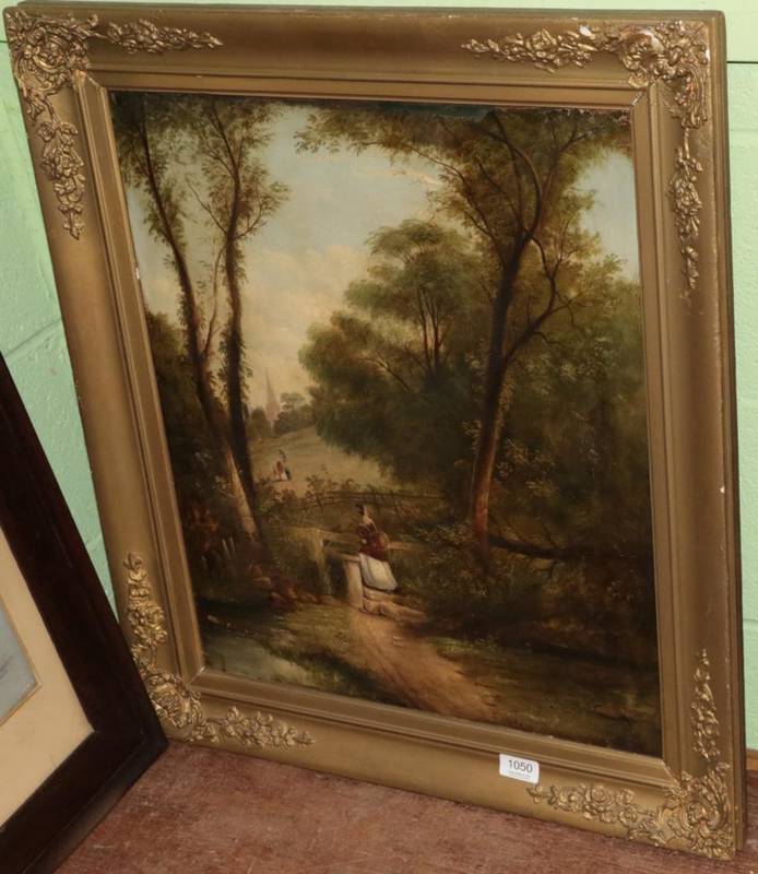 Lot 1050 - English School (19th Century) A lady crossing a stile in a wooded country landscape, a church...