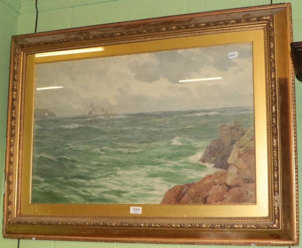 Lot 1054 - William Ayerst Ingram (1855-1913) Ship in choppy waters off a coastline, watercolour signed...