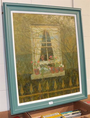 Lot 1066 - Edward Bishop, 'My Window is My World', initialled, inscribed verso, oil on board, 77cm by 63cm