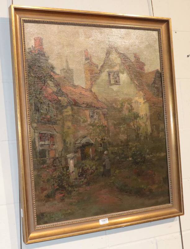 Lot 1067 - Charles John Collings (British / Canadian, 1848-1931) A lady before country cottages, probably...