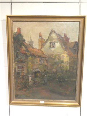 Lot 1067 - Charles John Collings (British / Canadian, 1848-1931) A lady before country cottages, probably...