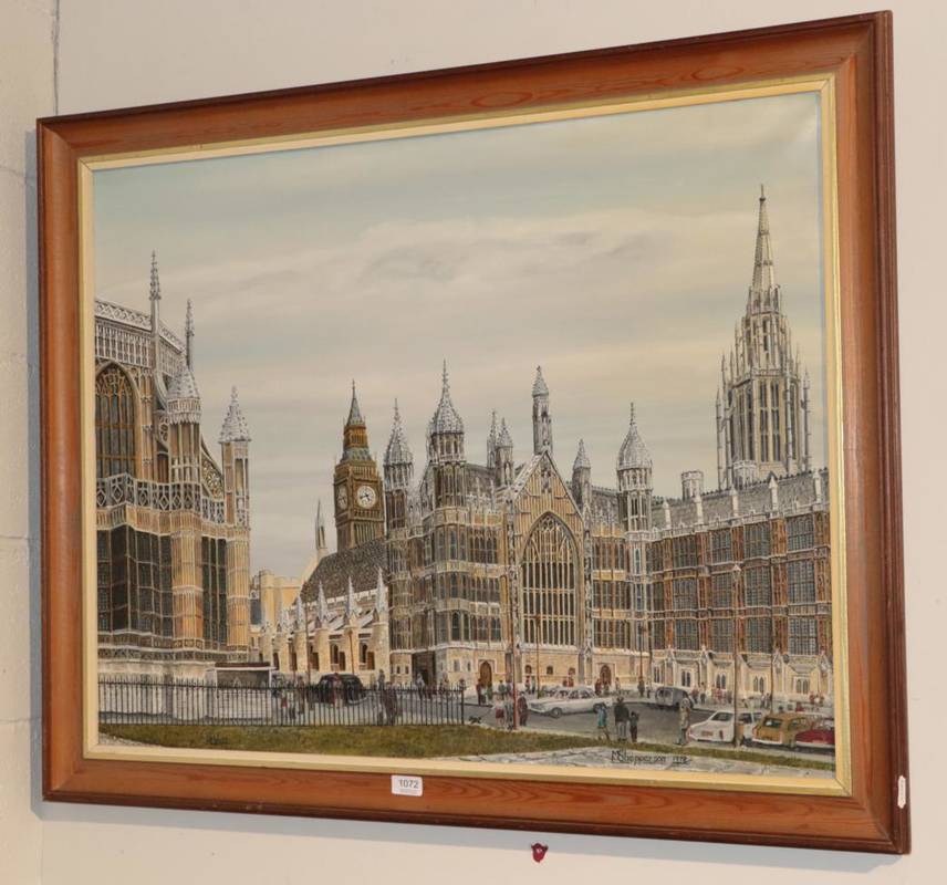 Lot 1072 - Michael T Shepperson, Houses of Parliament and Westminster Abbey, signed and dated 1979, oil on...
