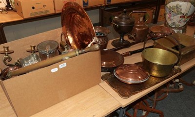 Lot 1093 - Box of assorted copper and brass, further items to include two warming pans
