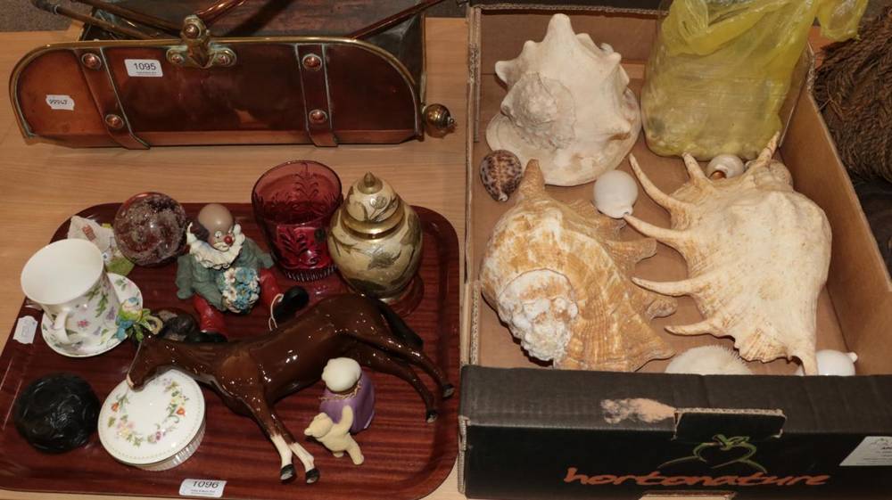 Lot 1096 - A box of shell, a Royal Doulton horse, Langham glass paperweight, Border Fine Arts and other items