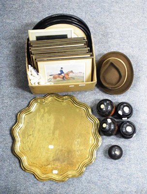 Lot 1126 - Five lignum vitae bowls, book rest, a bowler hat and a trilby, Middle Eastern brass tray, two...