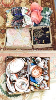 Lot 1128 - Assorted items including Japanese egg shell teaset, dinner wares, dogs of fo, fabric remnants...