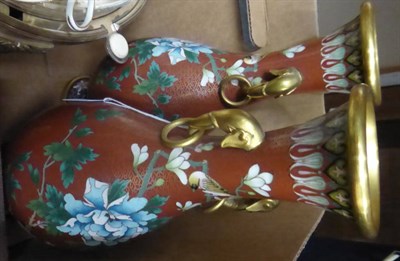 Lot 1149 - A pair of cloisonne Oriental vases; a jade type Chinese figure; a pair of hardstone elephants...