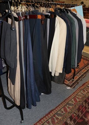 Lot 1157 - Assorted modern gents clothing including 16 pairs of trousers in linen, cord and denim, bearing...