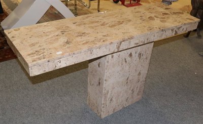 Lot 1162 - A Travatine console hall table, modern, the rectangular top above a rectangular column base,...