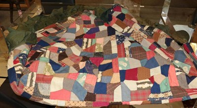 Lot 1168 - 19th century crazy patchwork bed cover with green cotton gathered frill and reverse, wool and...