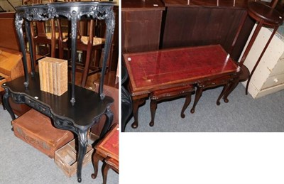Lot 1207 - Two ebonised side tables; coffee table; plantstand; suitcase etc