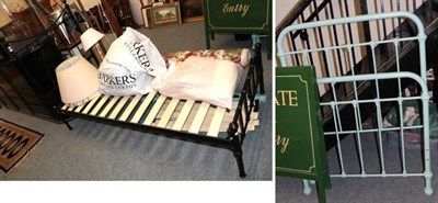 Lot 1220 - Modern black metal single bed frame; and a duck egg blue example