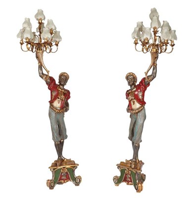 Lot 1270 - A pair of reproduction Venetian style Blackamoor lamps, 230cm high
