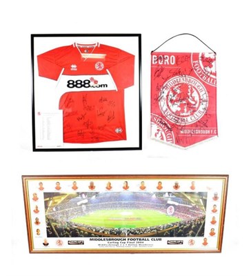 Lot 11 - Middlesbrough Signed Football Shirt with sheet of squad number 2006/7 (framed), signed Pennant...